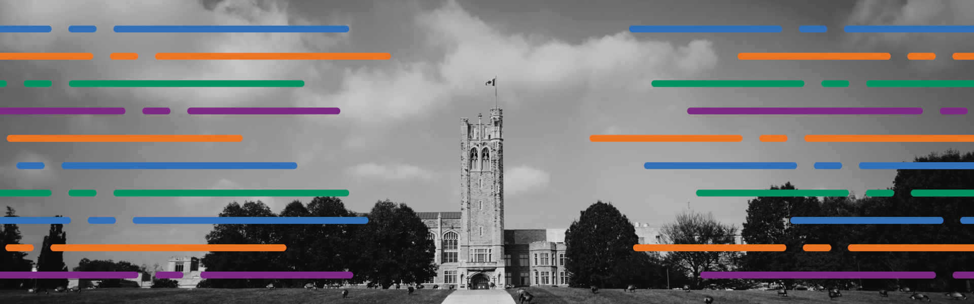Black and white image of University College with coloured stripes layered overtop